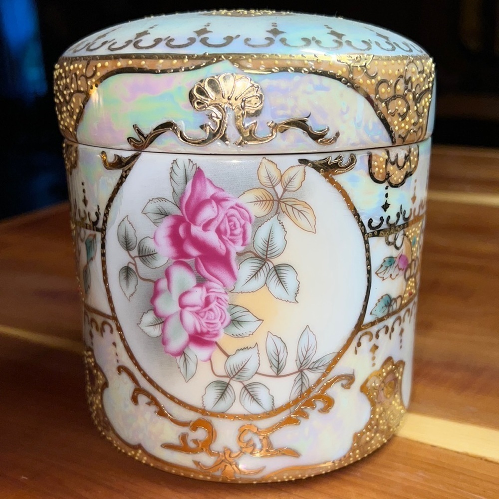 Gorgeous Limoges Reproduction China Trinket Urn Jar Floral Gold Accents. RARE